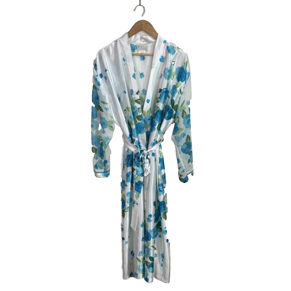 Vtg California Dynasty Womens Robe Sz L Satin Floral Long White Blue‎ Tie